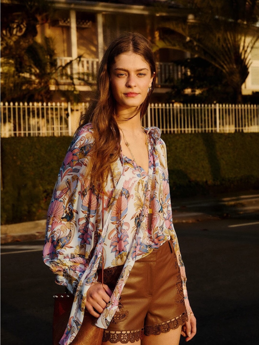 FARM Rio Off-White Sea Garden Ruffled Long Sleeve Blouse